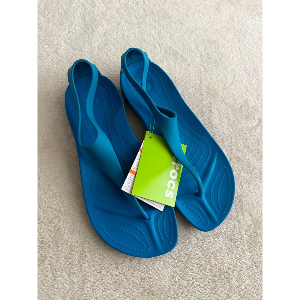 New Crocs Womens Size 9 Blue Sexi Flip Sandals T-Strap Flat Comfort Beach Shoes